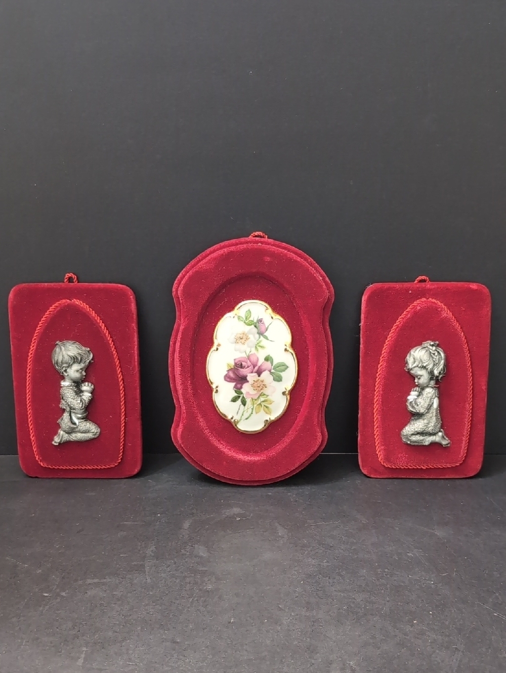 VGT, Italian Lot Of 3 Red Velvet Framed Cameo/Pewter Praying Boy/Girl Plaques.